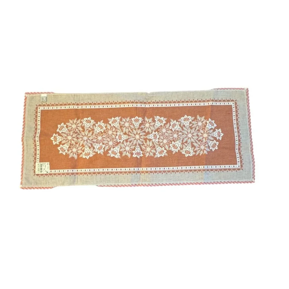 VTG Floral Lace Table Runner Pink & White Floral Designs Scalloped Edges Lace Tr